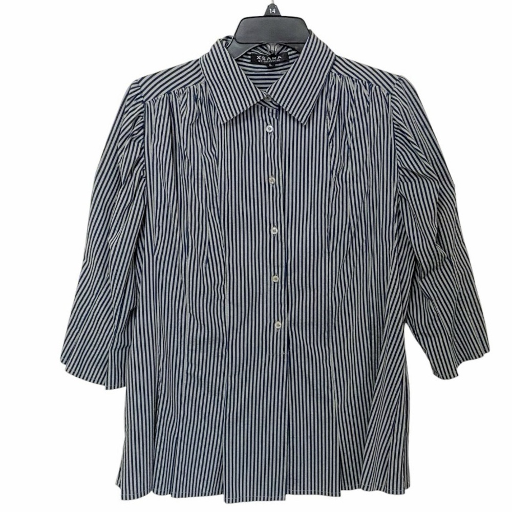 Zara Striped Button Down Blouse L Blue White Pleated Back Top